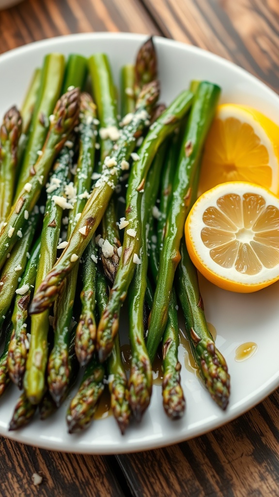 Grilled asparagus with Parmesan and lemon on a rustic table.